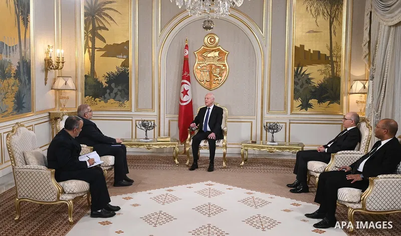 Tunisian President Kais Saied receives the credentials of Ambassador Mir Masoud Hosseinian, Ambassador of the Islamic Republic of Iran, Tunisia, on March 22, 2024. Photo by Tunisian Presidency\ apaimages