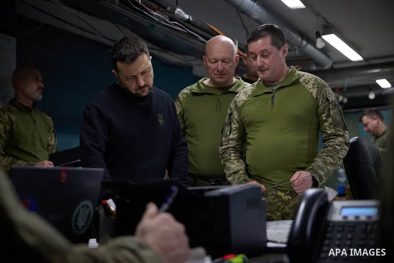 Ukraine's President Volodymyr Zelensky visit the frontline positions in Donetsk region, amid the Russian invasion of Ukraine, on April 19, 2024. Photo by PRESIDENT OF UKRAINE\ apaimages