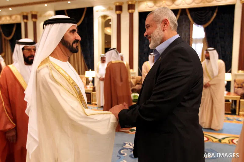 (File)President of the United Arab Emirates receives, prime minister of the Gaza strip and leading member of the Hamas movement, Ismail Haniyeh during his access to Emirates, On Feb. 13, 2012.Iran's Revolutionary Guards...