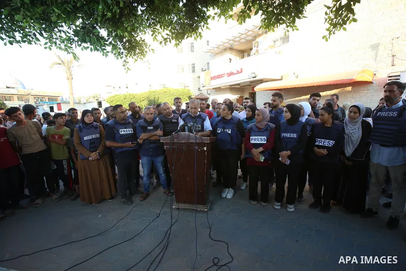 Palestinian journalists participate in a protest against Israeli crimes against journalists in Gaza, Deir al-Balah in the central Gaza Strip, on 31 July 2024. Photo by Ali Hamad\ apaimages