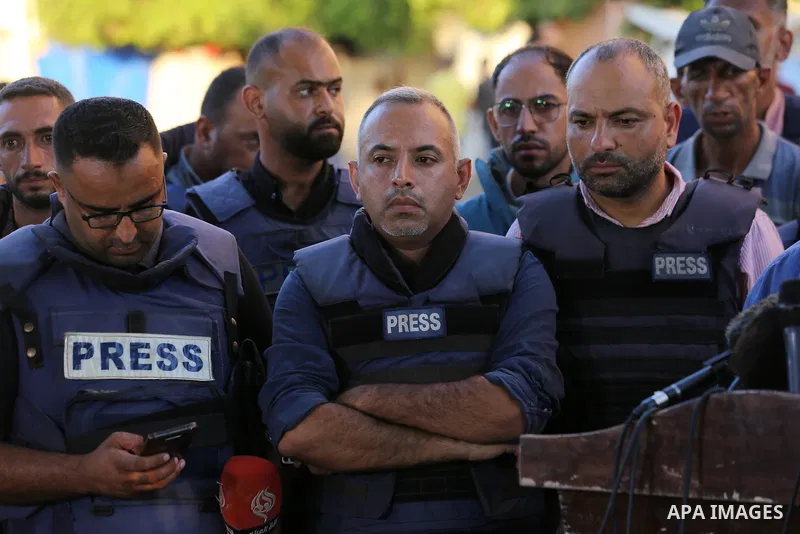 Palestinian journalists participate in a protest against Israeli crimes against journalists in Gaza, Deir al-Balah in the central Gaza Strip, on 31 July 2024. Photo by Ali Hamad\ apaimages
