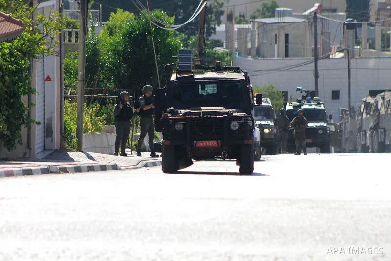 Israeli army forces surround and raid the home of Ammar Odeh in Salfit, northern West Bank, August 4, 2024. The perpetrator of the attack in the Holon area near Tel Aviv. Photo by Mohammed Nasser\ apaimages