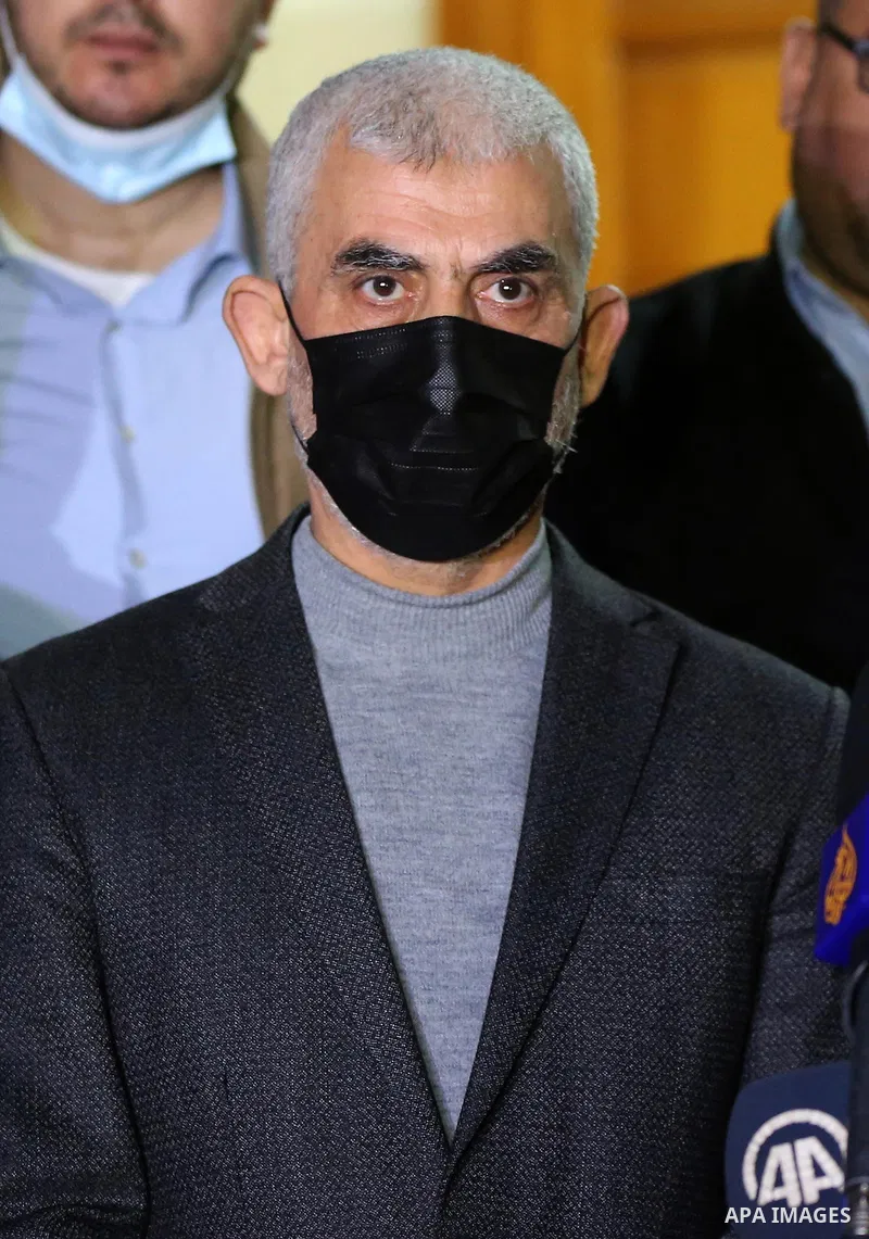 FILE PHOTO:Hamas leader in the Gaza Strip Yahya Sinwar, stands during a press conference in Gaza City on March 10, 2021. The head of the Hamas political bureau, Ismail Haniyeh, announced the election of Yahya Sinwar for...