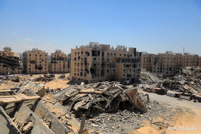 Palestinians flee Hamad City towards Al-Mawasi after the Israeli army dropped leaflets demanding residents of a northern neighborhood in Khan Younis to evacuate immediately ahead of a new military operation in the Gaza S...