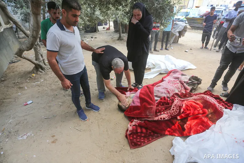 Relatives of the Palestinians who lost their lives, mourn as the bodies are brought to the Al Awda Hospital after an Israeli attack on Nuseirat refugee camp in Gaza City, Gaza on August 31, 2024. Photo by Omar Ashtawy\ a...