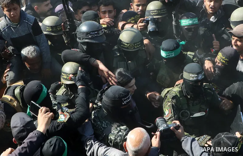 An Israeli female hostage, Arbel Yehud held in Gaza is handed over to Red Cross teams within the scope of the third part of the first phase of the hostage swap agreement between Hamas and Israel at Yahya Sinwar house in...