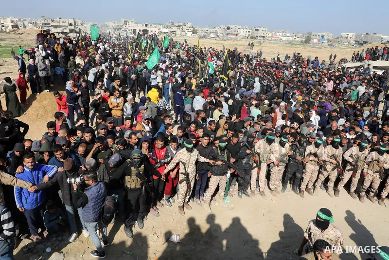 Israeli hostage Arbel Yehud is handed over to Red Cross outside Yahya Sinwar's house within the hostage swap deal between Hamas and Israel, in Khan Yunis, Gaza on January 30, 2025. In the third round of the prisoner swap...