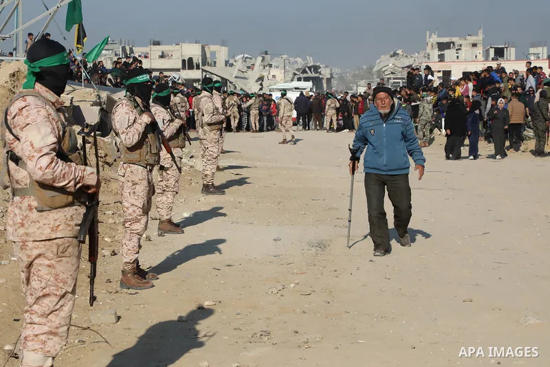 Israeli hostage Arbel Yehud is handed over to Red Cross outside Yahya Sinwar's house within the hostage swap deal between Hamas and Israel, in Khan Yunis, Gaza on January 30, 2025. In the third round of the prisoner swap...