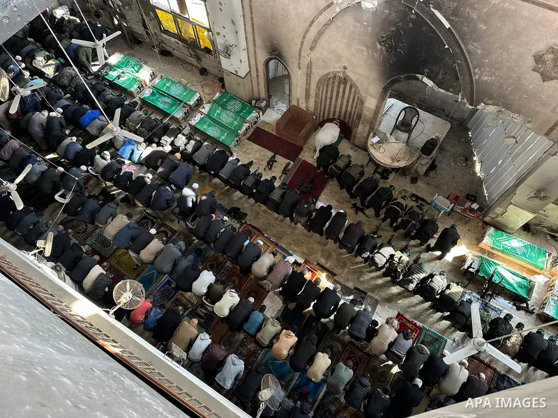 People perform Friday prayers and funeral prayers in absentia for the members of the Al-Qassam Brigades (the armed wing of the Palestinian group Hamas) in Khan Yunis, Gaza on January 31, 2025. Photo by Doaa el-Baz\ apaim...