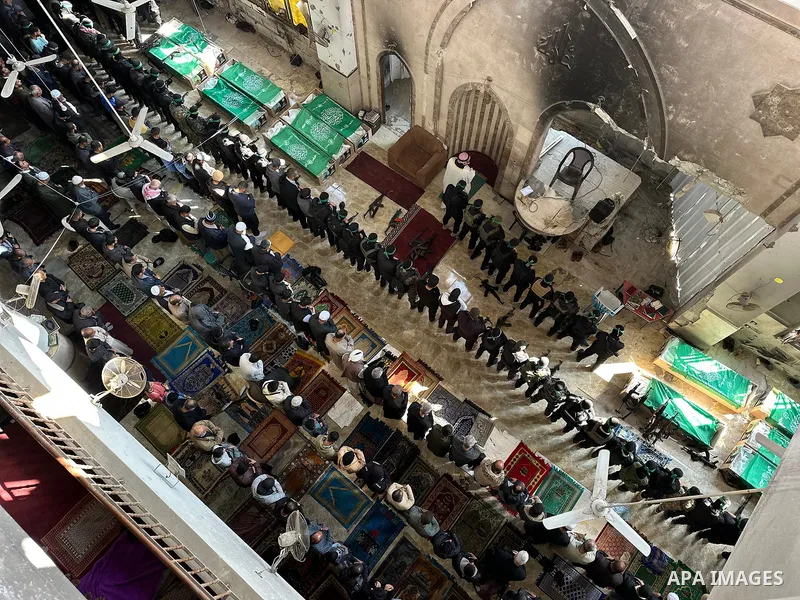People perform Friday prayers and funeral prayers in absentia for the members of the Al-Qassam Brigades (the armed wing of the Palestinian group Hamas) in Khan Yunis, Gaza on January 31, 2025. Photo by Doaa el-Baz\ apaim...