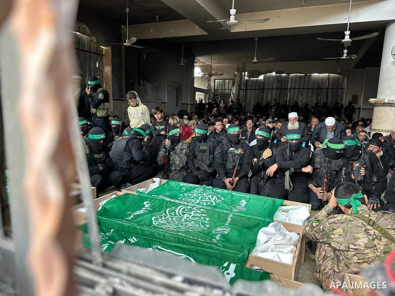 People perform Friday prayers and funeral prayers in absentia for the members of the Al-Qassam Brigades (the armed wing of the Palestinian group Hamas) in Khan Yunis, Gaza on January 31, 2025. Photo by Doaa el-Baz\ apaim...