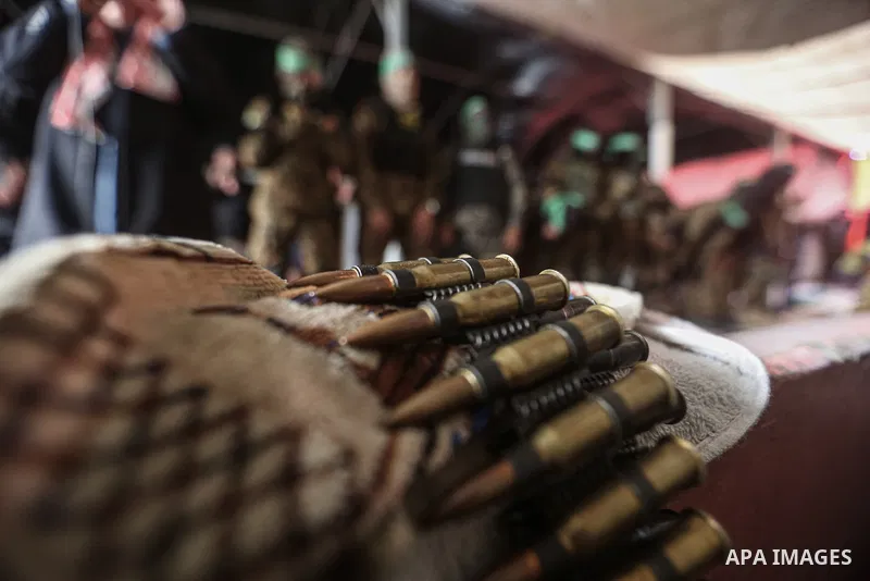 Al-Qassam Brigades members attend the funeral for the members of the Al-Qassam Brigades (the armed wing of the Palestinian group Hamas) at Shati Refugee Camp in Gaza City, Gaza on February 28, 2025. Photo by Omar Ashtawy...