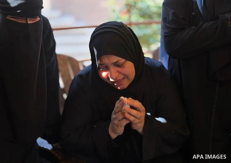 A funeral ceremony is held in front of Nasser Hospital for the people who lost their lives, including women and children, in the Israeli army attack on the building belonging to the Al-Farra family home in Khan Yunis, Ga...