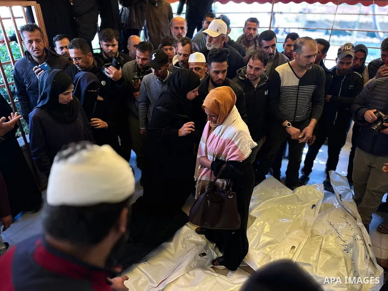 A funeral ceremony is held in front of Nasser Hospital for the people who lost their lives, including women and children, in the Israeli army attack on the building belonging to the Al-Farra family home in Khan Yunis, Ga...