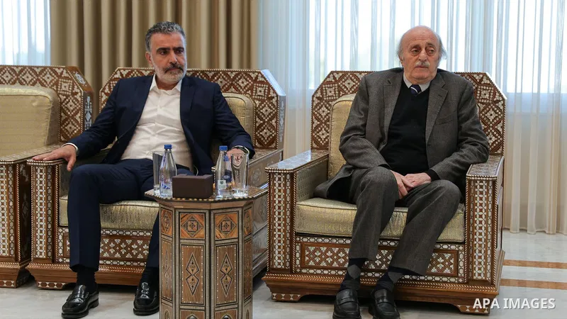 Syrian President Ahmad AlShara meets with former Progressive Socialist Party leader Walid Jumblatt at Alshaab Palace in con May 03, 2025. Photo by Syrian Arab News Agency "SANA" \ apaimages