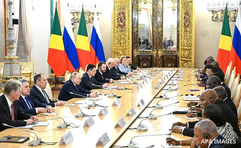 Russian President, Vladimir Putin, meets with President of the Republic of Congo, Denis Sassou Nguesso, at the Kremlin on May 7, 2025. Photo by President of Russia Office\ apaimages.