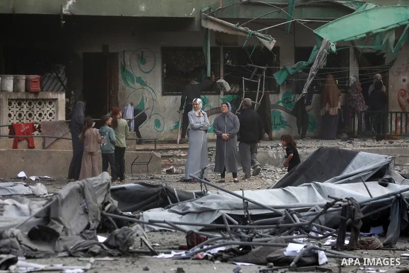 Palestinians inspect the rubble of A school Fatima, Asad's daughter, After the Israeli bombing last night at Jabalia, North Gaza Strip, on May 12, 2025. Photo by Omar Ashtawy\ apaimages