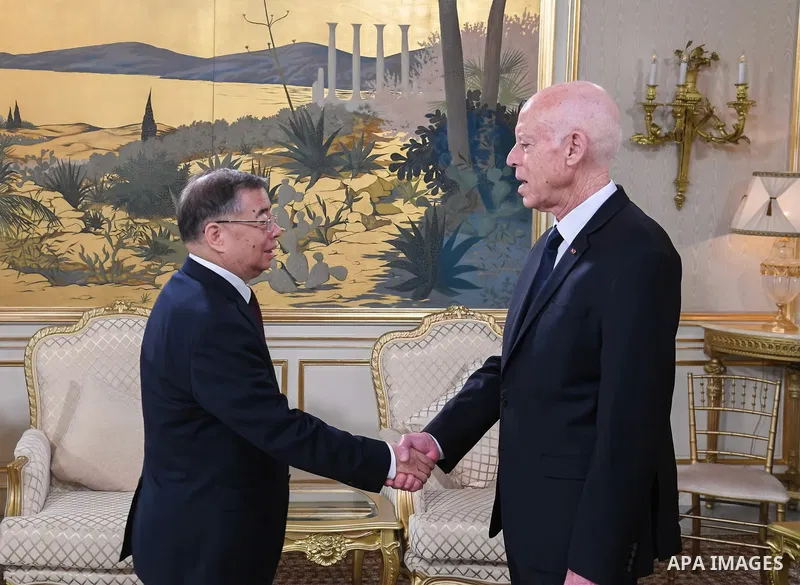Tunisian President Kais Saied receives Li Shulei, member of the Politburo and member of the Central Committee of the Communist Party of China, at the Carthage Palace, Tunis, on May 16, 2025. Photo by Tunisian Presidency\...