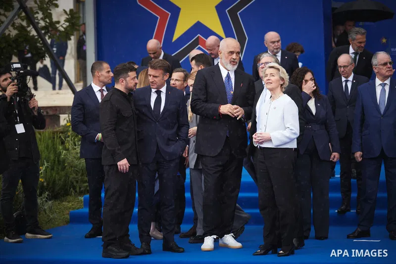 President of Ukraine Volodymyr Zelenskyy Participates in the 6th European Political Community summit on May 16, 2025 in Tirana, Albania. The EPC brings together heads of state and government from the 27 European Union co...