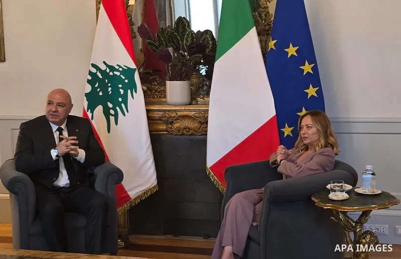 Lebanese President, Joseph Aoun, meets with Italian Prime Minister, Giorgia Meloni, at the Prime Minister's Office in Rome, Italy, on May 17, 2025. Photo by Lebanese Presidency Office\ apaimages
