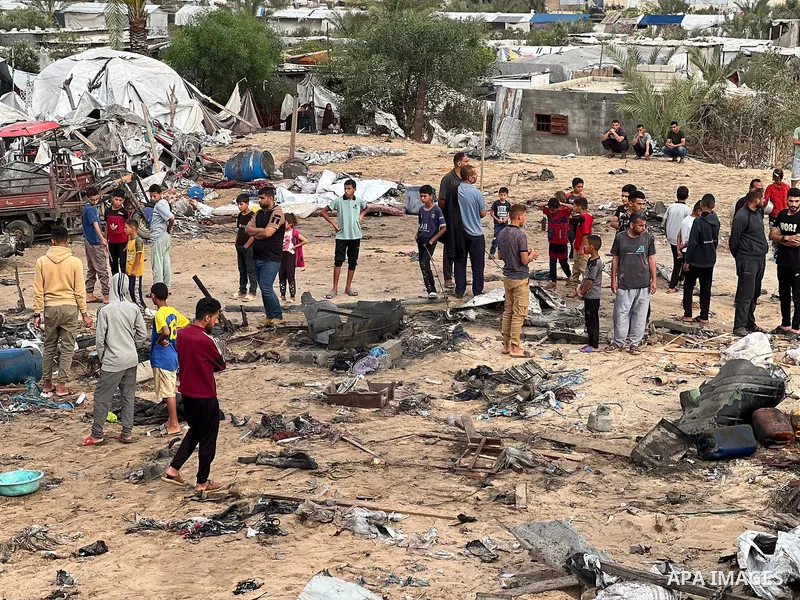 Palestinians inspect the damage, following overnight Israeli strikes on makeshift homes and tents, in Khan Yunis, south of Gaza Strip, on May 18, 2025. Photo by Doaa el-Baz\ apaimages