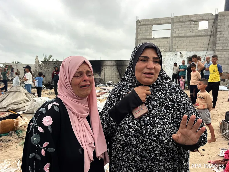 Palestinians inspect the damage, following overnight Israeli strikes on makeshift homes and tents, in Khan Yunis, south of Gaza Strip, on May 18, 2025. Photo by Doaa el-Baz\ apaimages