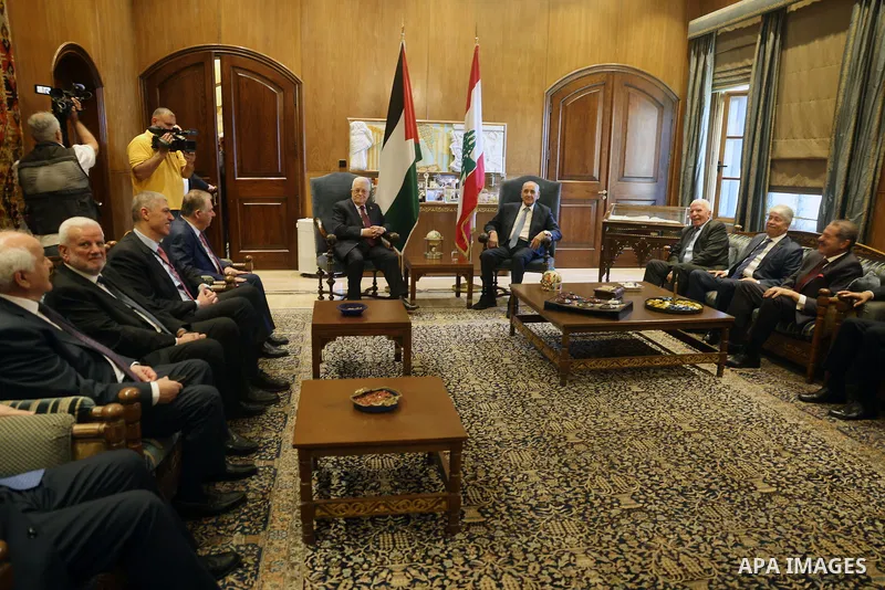 Palestinian President, Mahmoud Abbas, meets with Lebanese Parliament Speaker, Nabih Berri, in Beirut, Lebanon, on May 22, 2025. Photo by Thaer Ganaim\ apaimages