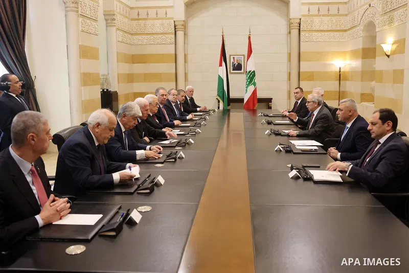 Palestinian President, Mahmoud Abbas, meets with Lebanese Prime Minister, Nawaf Salam, in Beirut, Lebanon, on May 22, 2025. Photo by Thaer Ganaim\ apaimages