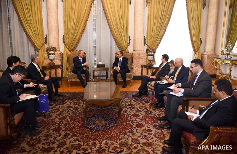 Egyptian Minister of Foreign Affairs and Immigration, Badr Abdel Aty, receives former UN Secretary-General Ban Ki-moon in Cairo, Egypt, on May 31, 2025. Photo by Egyptian Ministry of Foreign Affairs Office\ apaimages