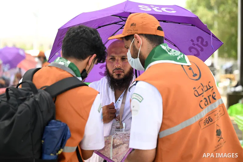 Muslim pilgrims gather at Jabal al-Rahmah, also known as Mount Arafat, during the annual hajj pilgrimage, outside the holy city of Mecca, Saudi Arabia, June 5, 2025. Photo by Saudi Press Agency\ APA Images
