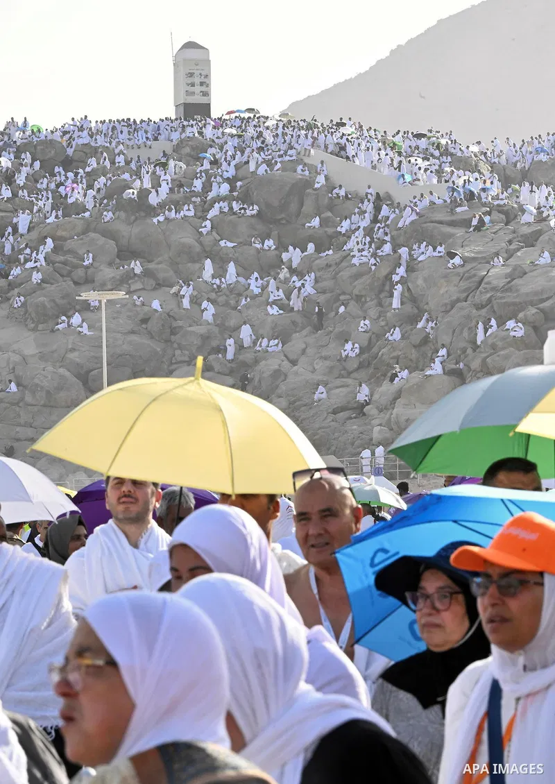 Muslim pilgrims gather at Jabal al-Rahmah, also known as Mount Arafat, during the annual hajj pilgrimage, outside the holy city of Mecca, Saudi Arabia, June 5, 2025. Photo by Saudi Press Agency\ APA Images