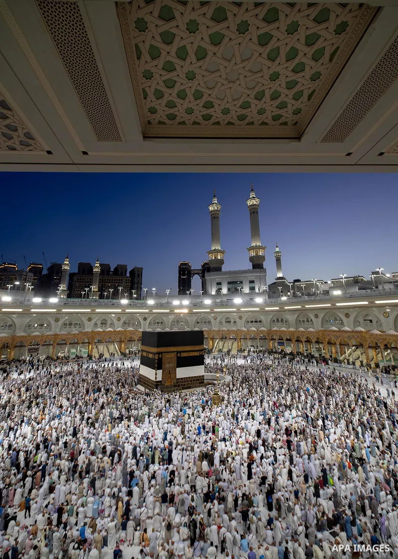 Muslim pilgrims perform the Maghrib prayer around the Kaaba, Islam's holiest shrine, at the Grand Mosque complex in Mecca on June 6, 2025, in the first days the Eid al-Adha festival, which marks the end of their Hajj pil...