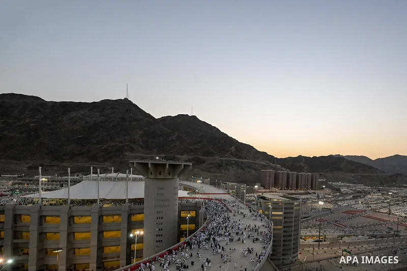 Muslim pilgrims cast stones at pillars in the symbolic stoning of the devil, the last rite of the annual Hajj, in Mina near the holy city of Mecca, Saudi Arabia, Saturday, June 7, 2025. Photo by Saudi Press Agency
