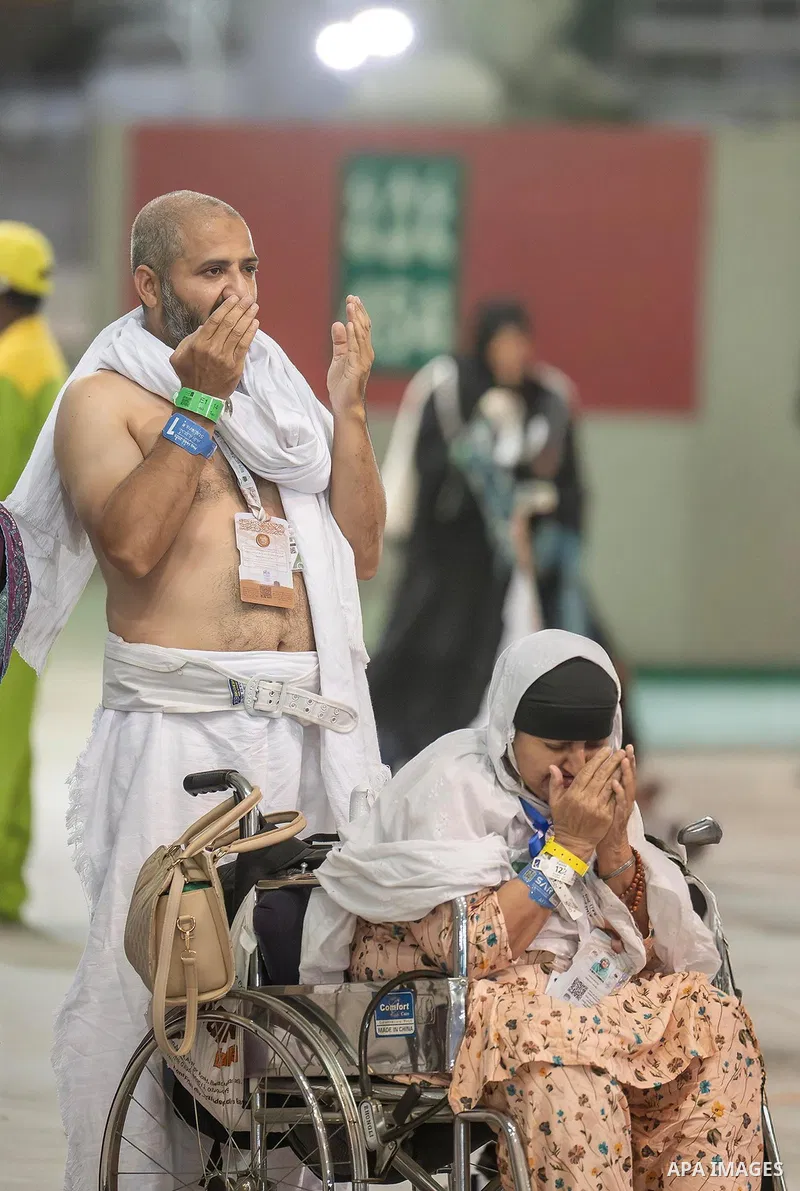 Muslim pilgrims cast stones at pillars in the symbolic stoning of the devil, the last rite of the annual Hajj, in Mina near the holy city of Mecca, Saudi Arabia, Saturday, June 7, 2025. Photo by Saudi Press Agency