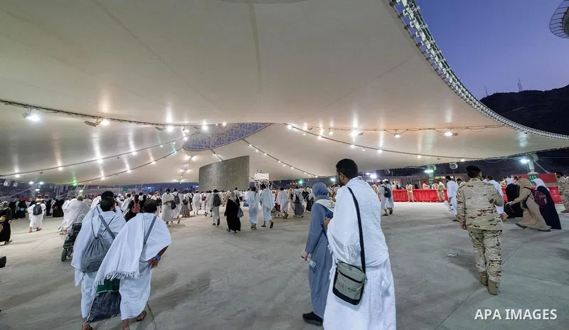 Muslim pilgrims cast stones at pillars in the symbolic stoning of the devil, the last rite of the annual Hajj, in Mina near the holy city of Mecca, Saudi Arabia, Saturday, June 7, 2025. Photo by Saudi Press Agency