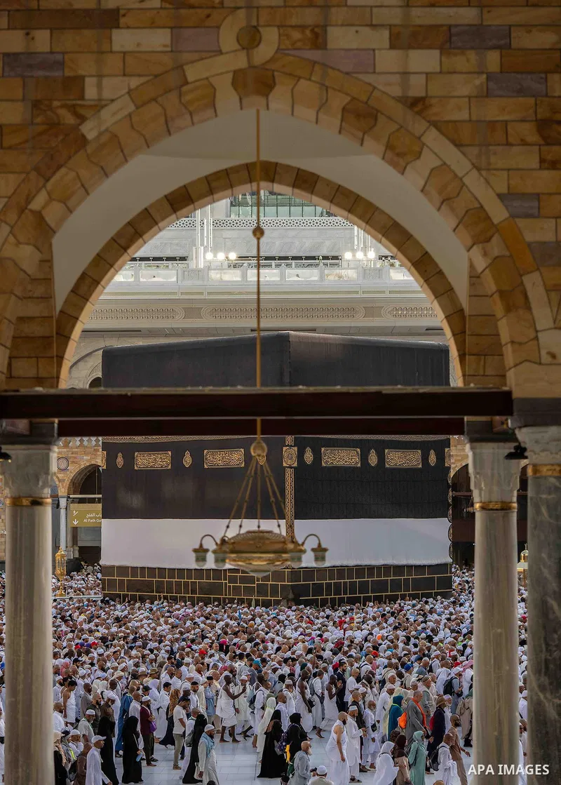 Muslim pilgrims perform prayer around the Kaaba, Islam's holiest shrine, at the Grand Mosque complex in Mecca on June 7, 2025, in the second days the Eid al-Adha festival, which marks the end of their Hajj pilgrimage. Ph...