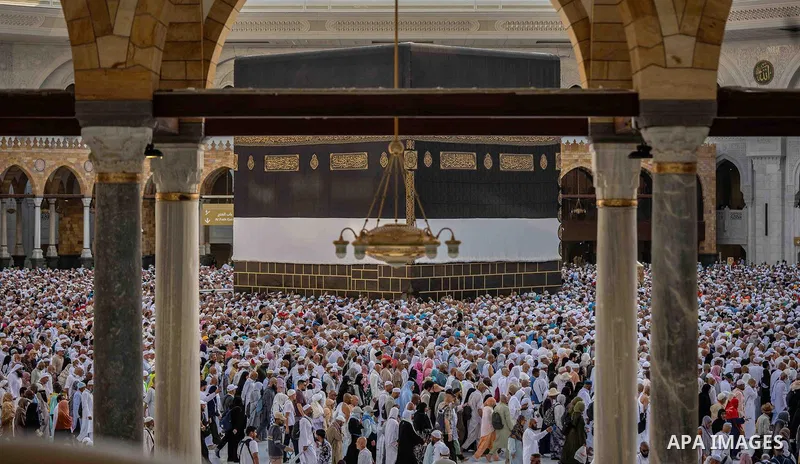 Muslim pilgrims perform prayer around the Kaaba, Islam's holiest shrine, at the Grand Mosque complex in Mecca on June 7, 2025, in the second days the Eid al-Adha festival, which marks the end of their Hajj pilgrimage. Ph...