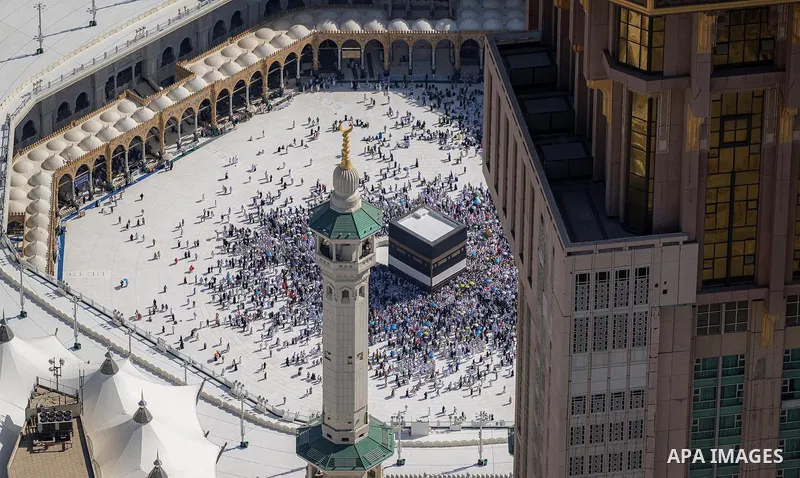 A general view of Muslims perform the Tawaf (circumambulation) around Kaaba, the holiest site in Islam, at al-Masjid al-Haram, during the Hajj 2025 pilgrimage in Mecca, Saudi Arabia, 08 June 2025. Photo by Saudi Press Ag...