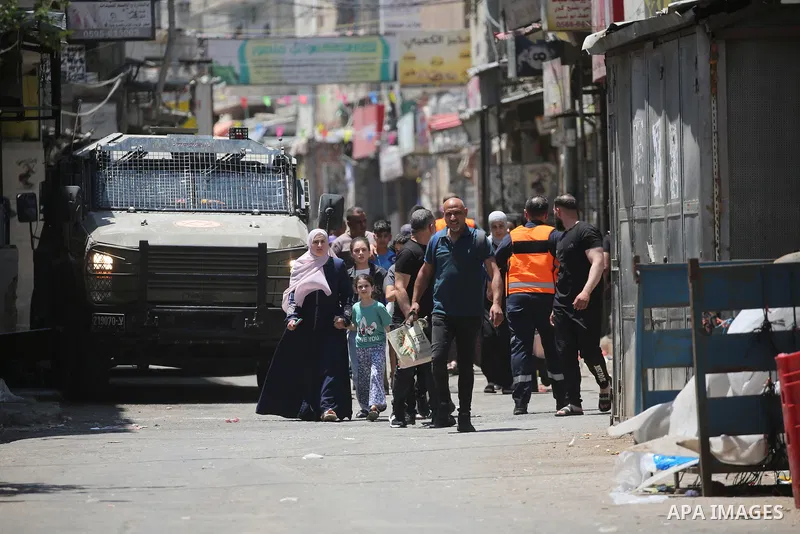 Israeli army forces take position during a raid at the Balata refugee camp east of Nablus city in the occupied West Bank on June 18, 2025. Photo by Mohammed Nasser\ apaimages