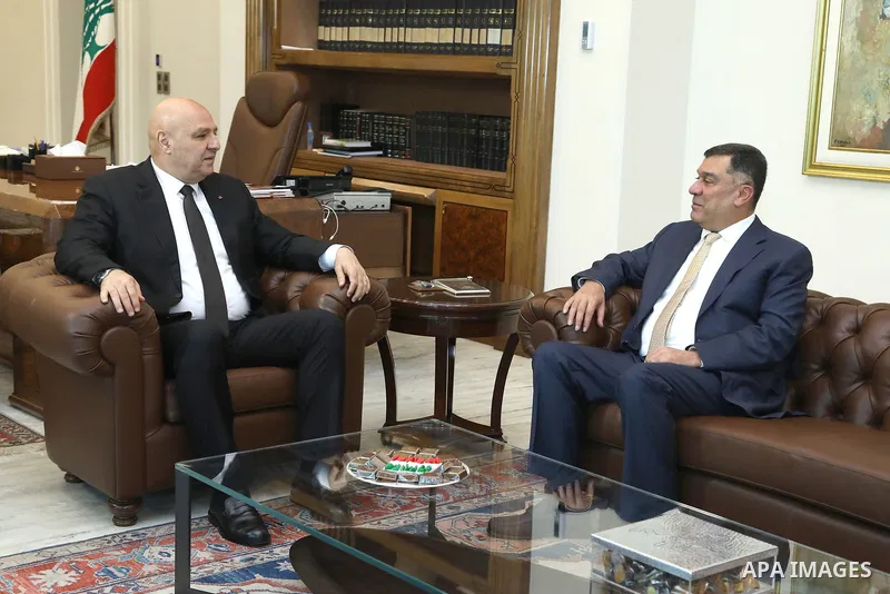 Lebanese President, Joseph Aoun, meets with Middle East Airlines Chairman Mohamad El-Hout in Beirut, Lebanon, on June 24, 2025. Photo by Lebanese Presidency Office\ apaimages
