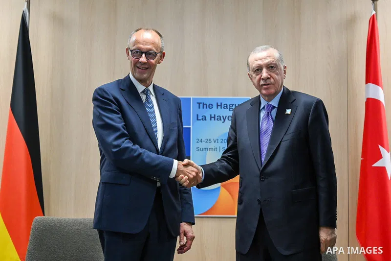 Turkish President, Recep Tayyip Erdoğan, meets with German Chancellor, Friedrich Merz, in The Hague, Netherlands, on June 25, 2025. Photo by Turkish presidency \ apaimages