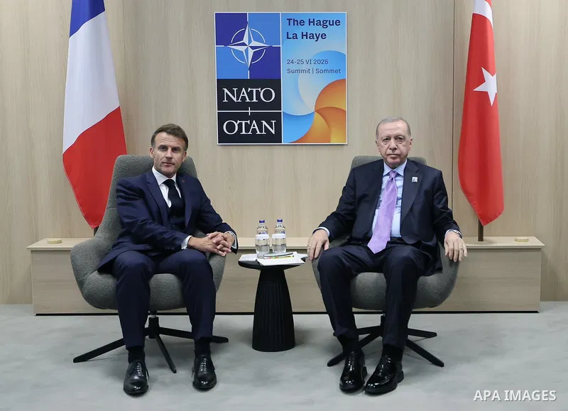 Turkish President, Recep Tayyip Erdoğan, meets with French President, Emmanuel Macron, in The Hague, Netherlands, on June 25, 2025. Photo by Turkish presidency \ apaimages