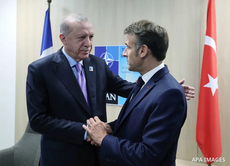 Turkish President, Recep Tayyip Erdoğan, meets with French President, Emmanuel Macron, in The Hague, Netherlands, on June 25, 2025. Photo by Turkish presidency \ apaimages
