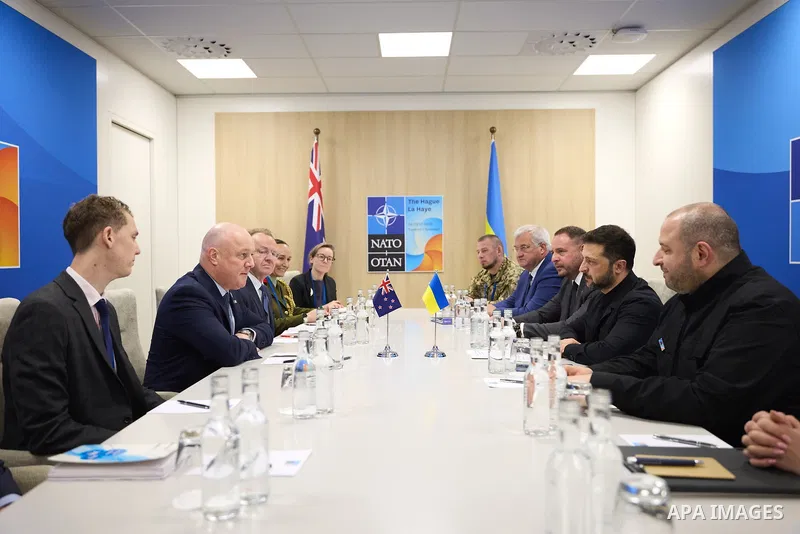 Ukrainian President Volodymyr Zelenskyy meets with Danish Prime Minister Mette Frederiksen in The Hague, Netherlands, on June 25, 2025. Photo by PRESIDENT OF UKRAINE\ apaimages