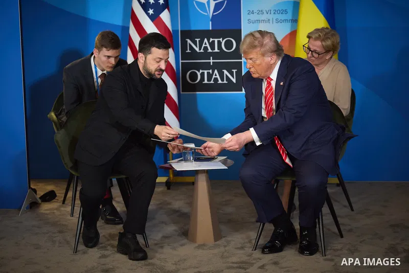 Ukraine's President Volodymyr Zelensky meets with US President Donald Trump on the sideline of the North Atlantic Treaty Organization (NATO) summit in The Hague. Photo by PRESIDENT OF UKRAINE\ apaimages