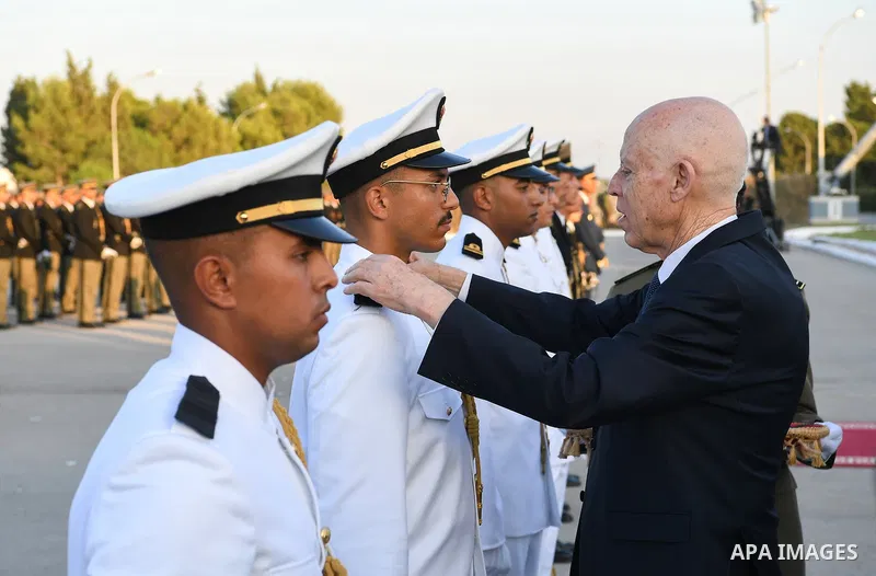 Tunisian President Kais Saied presides over the ceremony ceremony of the 55th batch of the three military academies at the Jedid Hotel in Nabeul Governorate, Tunisia, on June 24, 2025. Photo by Tunisian Presidency\ apaim...