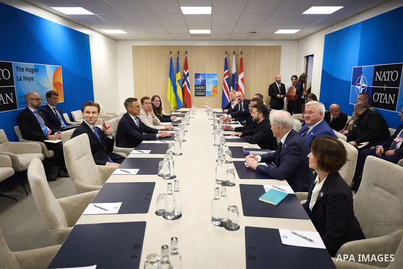 Ukrainian President, Volodymyr Zelenskyy, meets with the leaders of Sweden, Denmark, Norway, and Finland during a meeting at the NATO summit on June 24, 2025, in The Hague, Netherlands. This year's NATO summit, which bri...