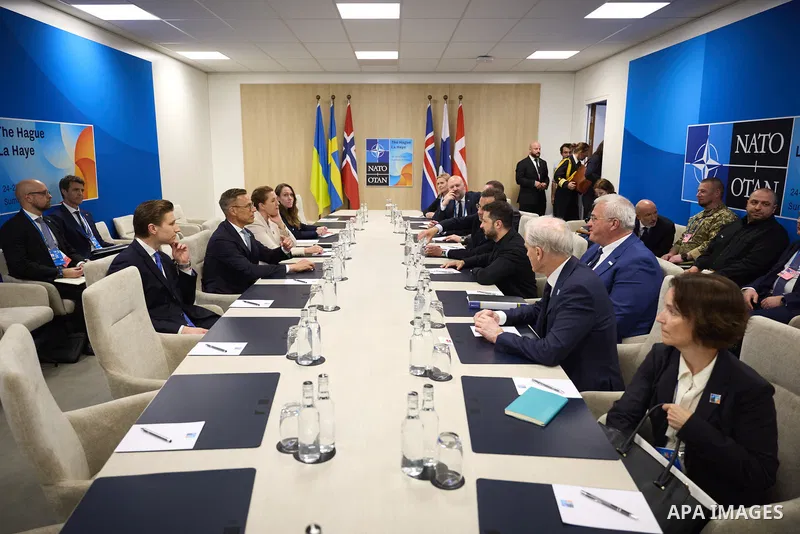 Ukrainian President, Volodymyr Zelenskyy, meets with the leaders of Sweden, Denmark, Norway, and Finland during a meeting at the NATO summit on June 24, 2025, in The Hague, Netherlands. This year's NATO summit, which bri...