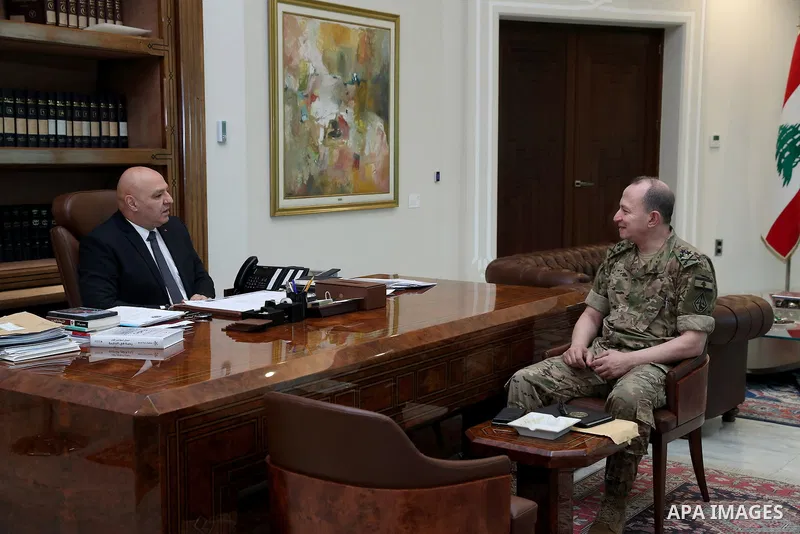 Lebanese President Joseph Aoun, meets with Lebanese Army, Commander Rodolphe Heikal, in Beirut, Lebanon, on June 27, 2025. Photo by Lebanese Presidency Office\ apaimages