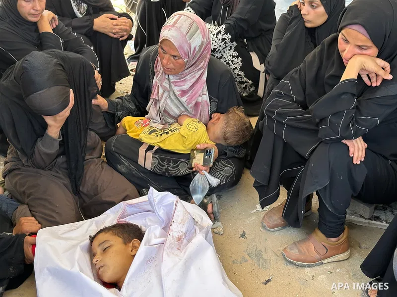 Palestinians mourn the loss of their loved ones killed in Nasser Hospital for after Israeli copened fire at Palestinians trying to reach the points where US aid is distributed west of Rafah city in the southern Gaza Stri...